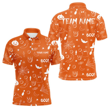 Maxcorners Halloween Bowling Jersey Custom Name Orange Bowling Shirt For Men Spooky Ghost Bat Bowling Team Gifts LM0409