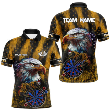Maxcorners American Flag Eagle Men Darts Polo & 1/4-Zip Shirt Custom Patriotic Outfit Dart Team Jersey | Yellow LM0409