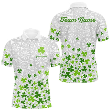 Maxcorners Custom Green Shamrock Pattern White Dartboard Darts Shirts For Men, St Patrick's Day Team Darts Shirts LM0409