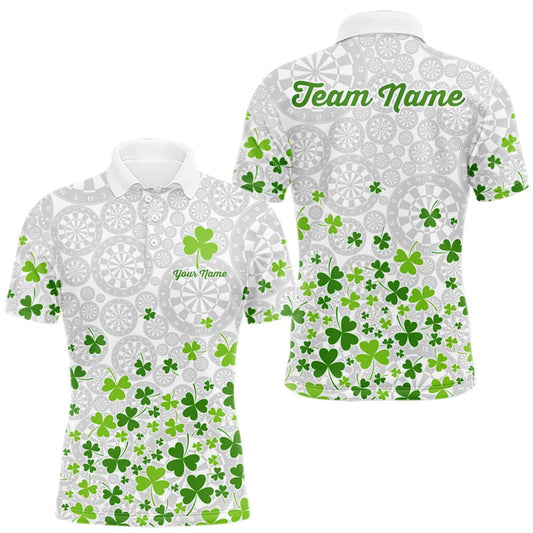 Maxcorners Custom Green Shamrock Pattern White Dartboard Darts Shirts For Men, St Patrick's Day Team Darts Shirts LM0409