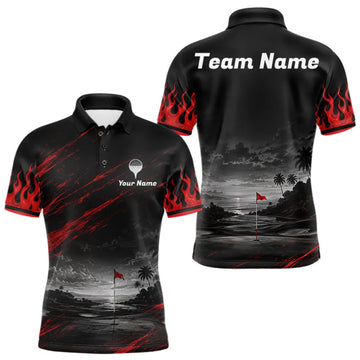 Maxcorners Personalized Golf Polo Shirts For Men, Custom Name Red Fire Flame Golf Course Shirt Golf Jersey LM0409