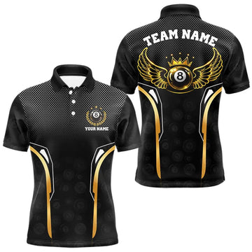 Maxcorners Black & Gold 8 Ball Crown Men's Billiard Polo & 1/4 Zip Shirt Custom Pool Billiard Jerseys LM0101