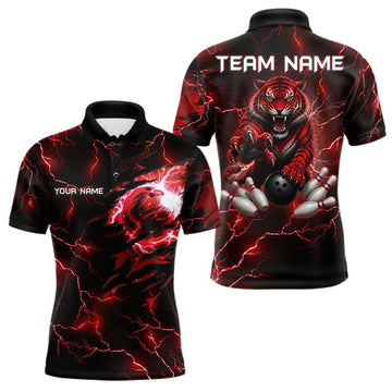 Maxcorners Red Thunder Lightning Tiger Bowling Polo Quarter-Zip Shirts For Men Custom Tiger Bowling Team Jersey