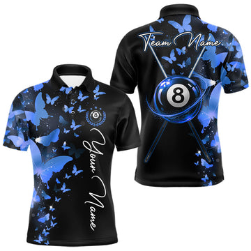 Maxcorners Funny Butterfly 8 Ball Pool Polo 1/4-Zip Shirts For Men Custom Blue Lightning Billiard Team Jerseys