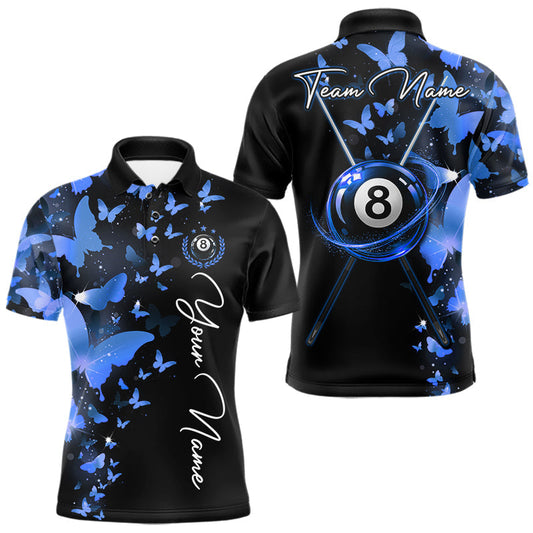 Maxcorners Funny Butterfly 8 Ball Pool Polo 1/4-Zip Shirts For Men Custom Blue Lightning Billiard Team Jerseys