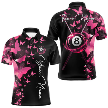 Maxcorners Funny Butterfly 8 Ball Pool Polo 1/4-Zip Shirts For Men Custom Pink Lightning Billiard Team Jerseys