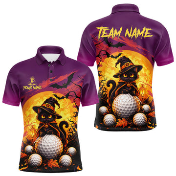 Maxcorners Halloween Black Cat Golf Polo Shirt For Men Custom Team Name Spooky Halloween Golf Apparel