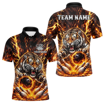 Maxcorners Custom Orange Fire Flaming Tiger Bowling Shirts For Men Tiger Bowling Tournament Shirt LM0208