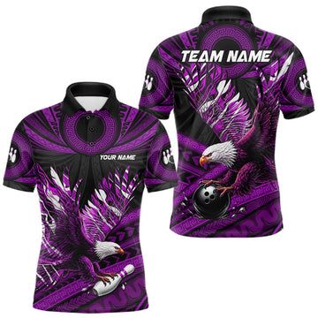 Maxcorners Custom Purple Tribal Pattern Polynesian Eagle Bowling Men Polo Quarter-Zip Shirts, Bowling Team Attire LM0607