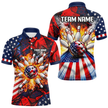 Maxcorners Personalized Patriotic Bowling Polo 1/4-Zip For Men Custom American Flag Flaming Bowling Strike Apparel LM0510