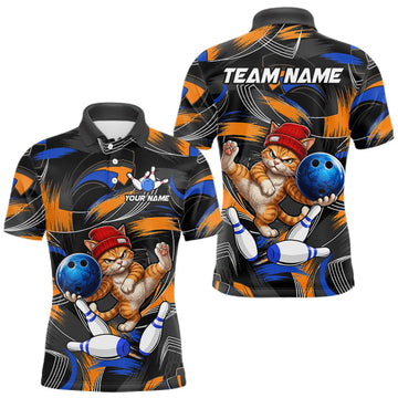 Maxcorners Blue And Orange Funny Cat Bowling Shirts For Men Personalized Bowling Team Name Outfits