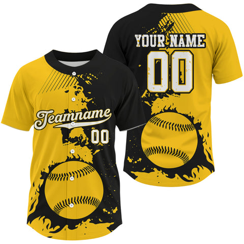 Maxcorners Personalized Black Yellow Baseball Ball Shirt For Men Grunge Baseball Jerseys Gifts LM0910