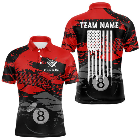 Maxcorners Grunge Black And Red 8 Ball Pool Billiard Jerseys For Men Custom US Flag Billiard Tournament Shirt LM0607