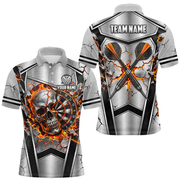 Maxcorners Personalized Silver Skull Darts Polo 1/4-Zip Shirt For Men Red Fire Flame Darts Team Uniform