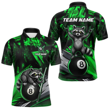 Maxcorners Custom Green Funny Raccoon 8 Ball Pool Billiard Shirt For Men Billiard Team Tournament Jersey LM0409