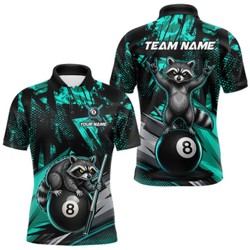 Maxcorners Custom Turquoise Funny Raccoon 8 Ball Pool Billiard Shirt For Men Billiard Team Tournament Jersey LM0409