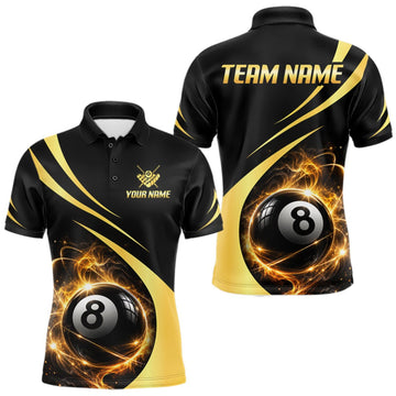 Maxcorners Personalized 8 Ball Fire Flame Billiard Team Jerseys Yellow Billiard Pool Shirts For Men LM0409
