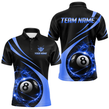 Maxcorners Personalized 8 Ball Fire Flame Billiard Team Jerseys Blue Billiard Pool Shirts For Men LM0409