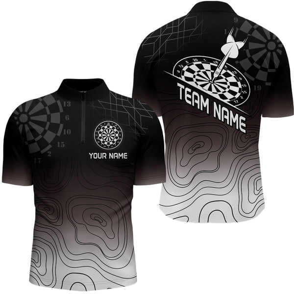 Maxcorners Men's Custom Dart Shirt, Darts Hitting The Bullseye With Black-To-White Gradient