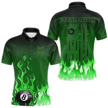 Maxcorners American Flag Patriotic Billiard Shirt For Men Custom Fire Flame 8 Ball Pool Team Jerseys | Green LM0409