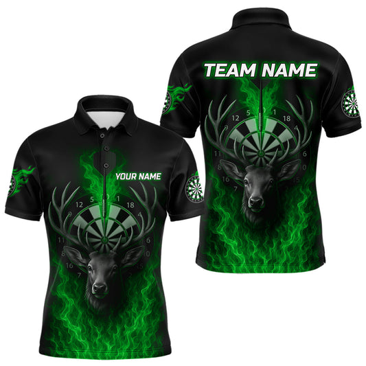 Maxcorners Custom Green Flames Dartboard Deer Funny Dart Men Polo Shirt Dart Team Jerseys LM0404