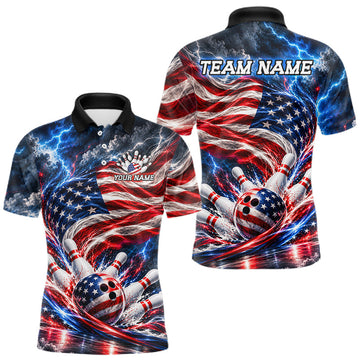 Maxcorners US Flag Bowling Polo 1/4-Zip Shirt For Men Custom Patriot Lightning Bowling Tournament Jersey