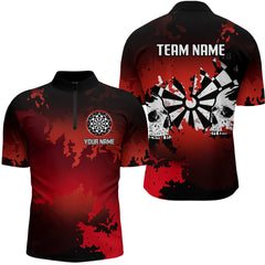 Maxcorners Men's Custom Darts Shirt With Grunge Red Camo Broken Dartboard & Skull Art