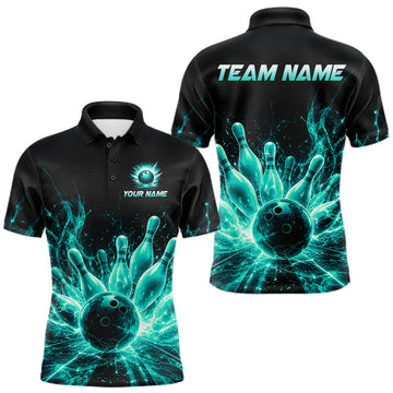Maxcorners Teal Flames Bowling Ball & Pins Shirt For Men Custom Thunder Lightning Team Bowling Jerseys LM1406
