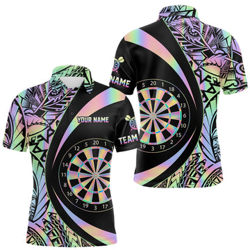 Maxcorners Black & Holographic Rainbow Tribal Dartboard Darts Polo Shirt For Men Custom Dart Team Jerseys LM2201