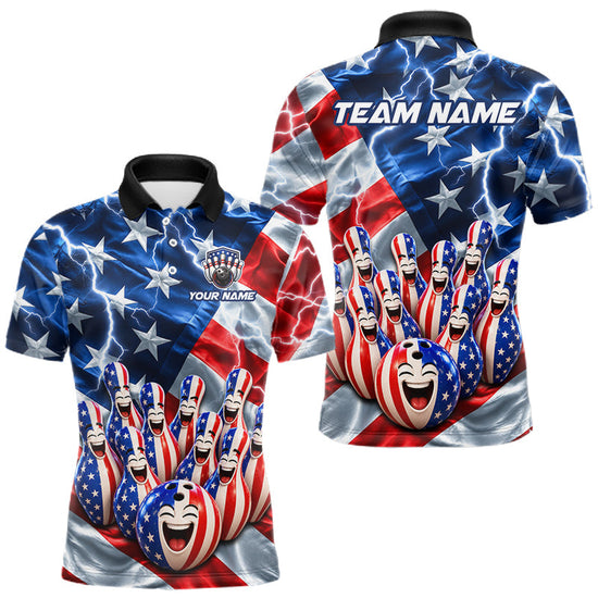 Maxcorners Custom American Flag Bowling Shirt For Men Personalized Funny Smiling Pins Bowling Ball Team Jersey