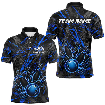 Maxcorners Black And Blue Strikes Grunge Bowling Polo & 1/4-Zip Shirt For Men Custom Thunder Bowling Team Jersey