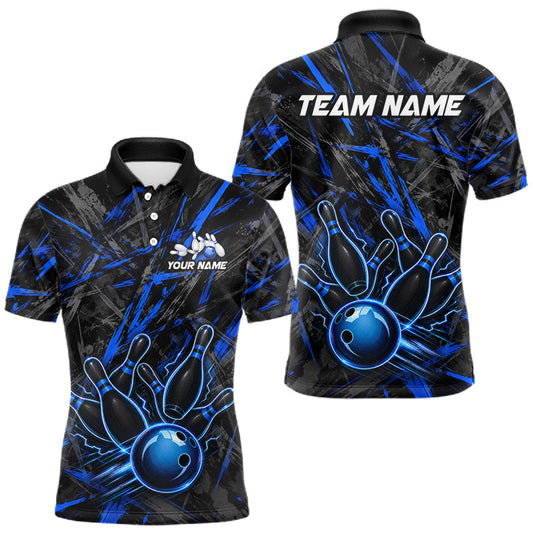 Maxcorners Black And Blue Strikes Grunge Bowling Polo & 1/4-Zip Shirt For Men Custom Thunder Bowling Team Jersey