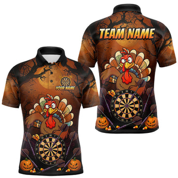 Maxcorners Funny Turkey Pumpkin Darts Polo Quarter-Zip Shirt For Men Custom Turkey Halloween Darts Team Jerseys LM0410