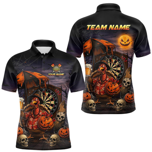 Maxcorners Custom Halloween Darts Polo 1/4-Zip Shirt Funny Drunk Turkey With Beer Pumpkin Darts Jersey For Men LM0410