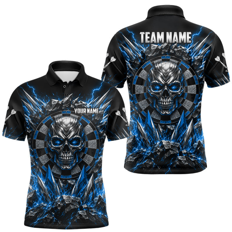 Maxcorners Custom Silver Skull Darts 1/4-Zip Polo Shirt For Men Blue Thunder Darts Team Tournament Jersey