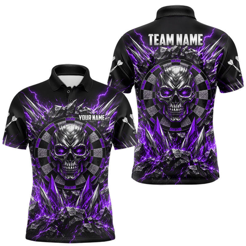 Maxcorners Custom Silver Skull Darts 1/4-Zip Polo Shirt For Men Purple Thunder Darts Team Tournament Jersey