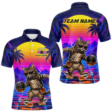 Maxcorners Custom Retro Mens Bowling Shirt Drunk Cat Bowling Polo Quarter-Zip Jersey, Funny Bowler Gift LM0409