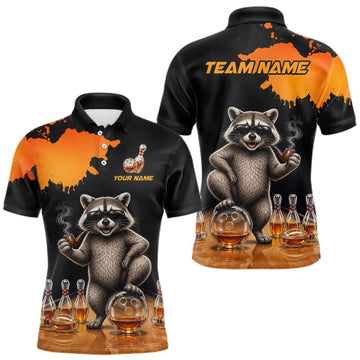 Maxcorners Orange Funny Bowling Shirt For Men, Whiskey Drunk Raccoon Retro Bowling Jersey, Bowler Team Apparel Gift LM0409