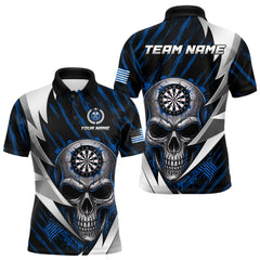 Maxcorners Silver Skull Blue Grunge US Flag Men Darts Polo Shirt Custom Name Dart League Jerseys LM2711