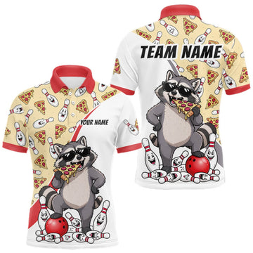 Maxcorners Custom Raccoon Pizza Graphic Bowling Polo 1/4-Zip Shirt For Men Funny Bowling League Team Uniform LM0409