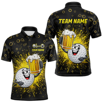 Maxcorners Mens Golf Beer Polo Shirt Funny Golf Ball With Beer Glass Custom Team Name Golf Team Jersey