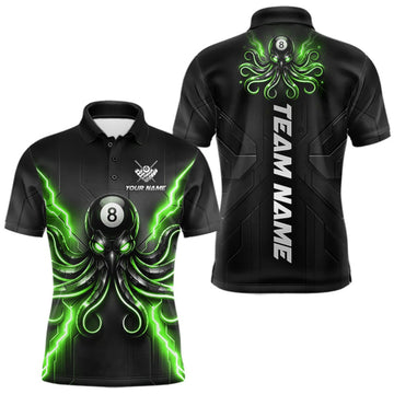 Maxcorners Thunder Green Octopus 8 Ball Billiard Polo Quarter-Zip For Men Custom Funny Billiard Pool Team Jersey LM0409