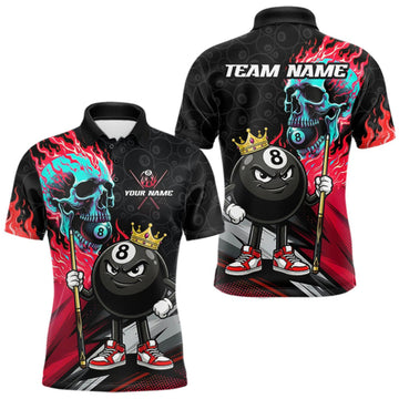 Maxcorners Red Flame 8 Ball Funny Billiard Polo 1/4-Zip For Men Custom Turquoise Skull Pool Billiard Team Jersey LM0409