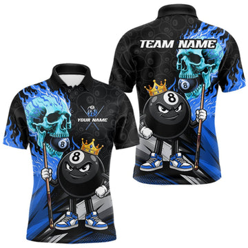 Maxcorners Blue Flame 8 Ball Funny Billiard Polo 1/4-Zip For Men Custom Turquoise Skull Pool Billiard Team Jersey LM0409