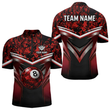 Maxcorners Black & Red Geometric 8 Ball Pool Polo & 1/4-Zip Shirt For Men Custom Pool Billiard Team Jerseys LM0404