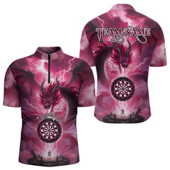 Maxcorners Men's Custom Darts Polo Shirt Thunder Dragon & Dartboard, Darts Jersey For Fans | Pink LM1008