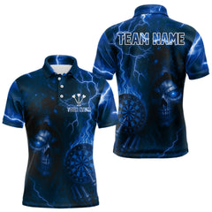 Maxcorners Men's Darts Polo Shirt Personalized Flaming Skull Dartboard Darts Jersey | Blue LM1008