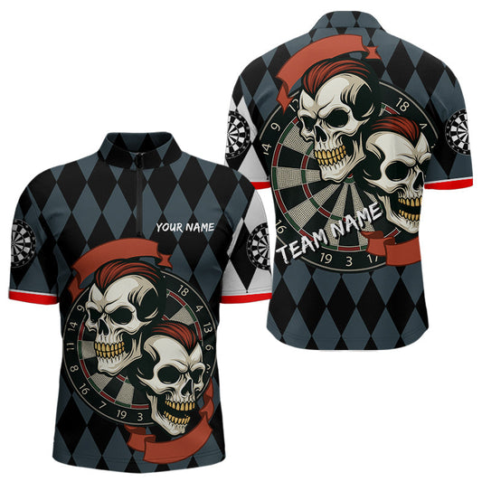Maxcorners Red-Haired Skulls With Dartboard Men's Navy Darts Shirt - Custom Name For Players LM2206