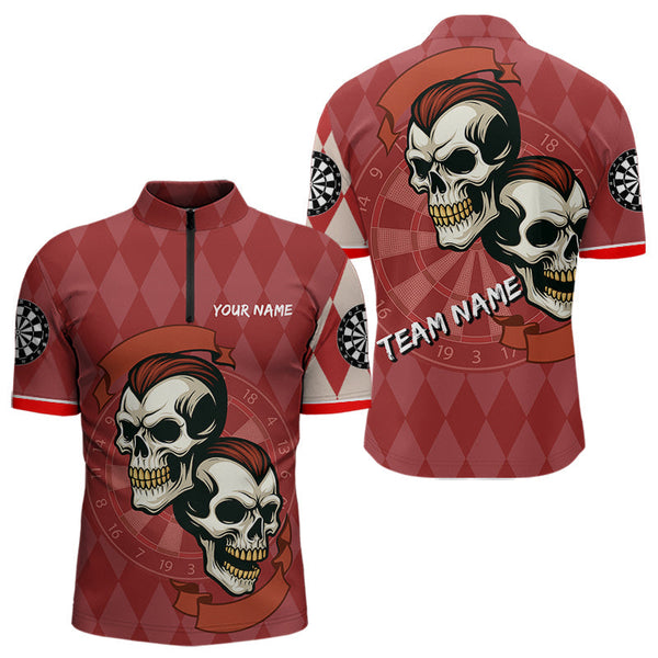 Maxcorners Red-Haired Skulls With Dartboard Men's Red Darts Shirt - Custom Name For Players LM2206