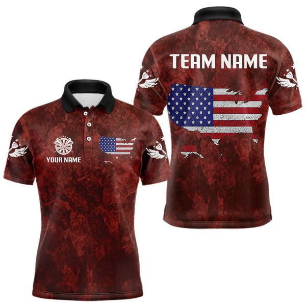 Maxcorners US Flag & Map Dartboard Men's Red Darts Shirt - Custom Name For Darts Jersey LM2206